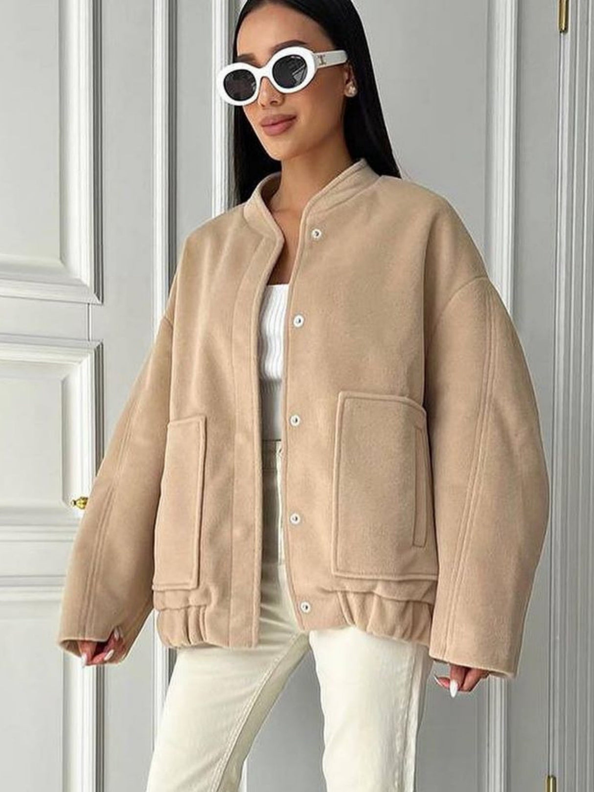 Stand-up Collar, Large Pockets, Button-down, Solid Color Autumn/winter Long-sleeved Jacket