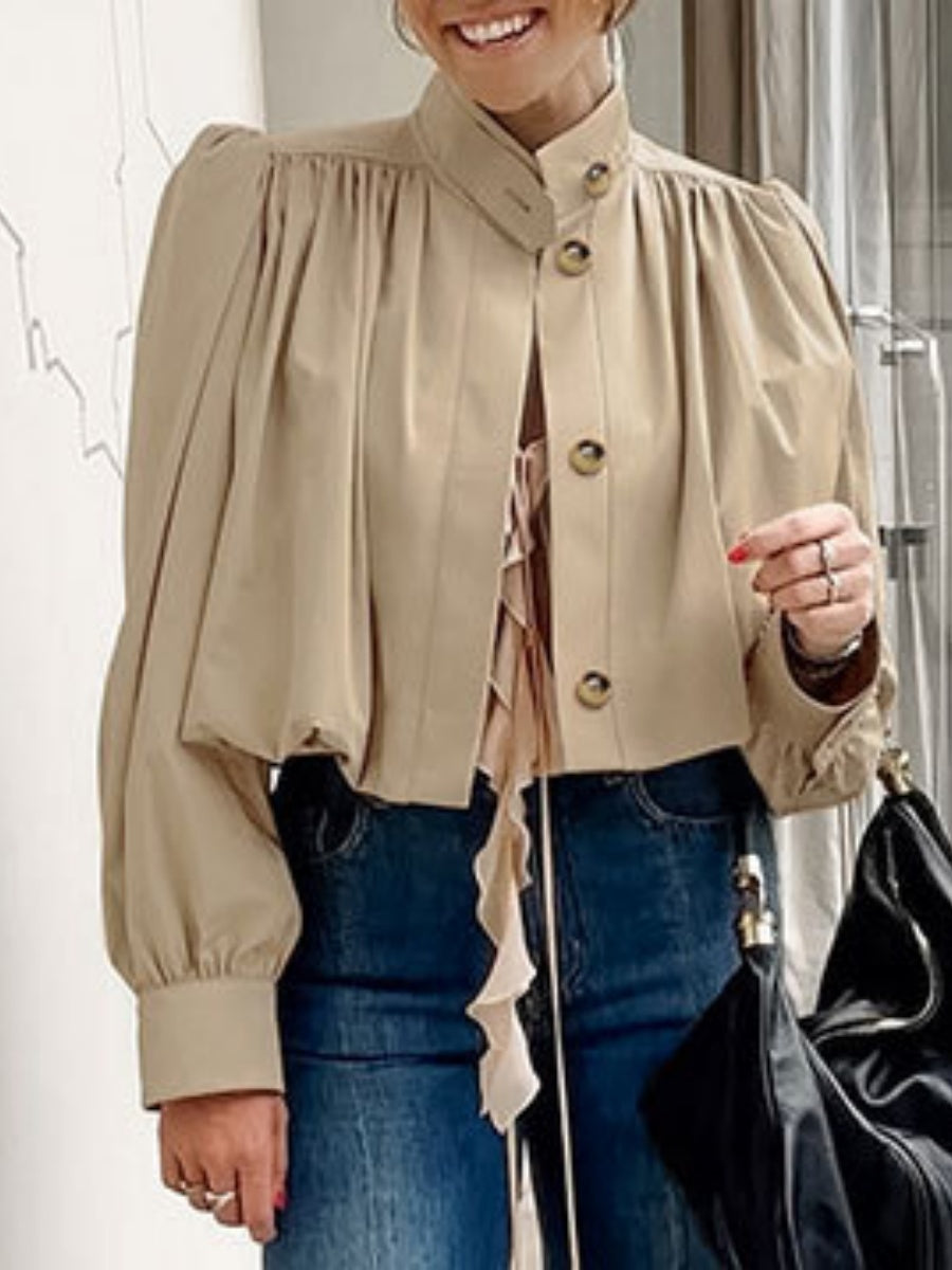 Short Pleated Lantern Sleeve Trench Coat
