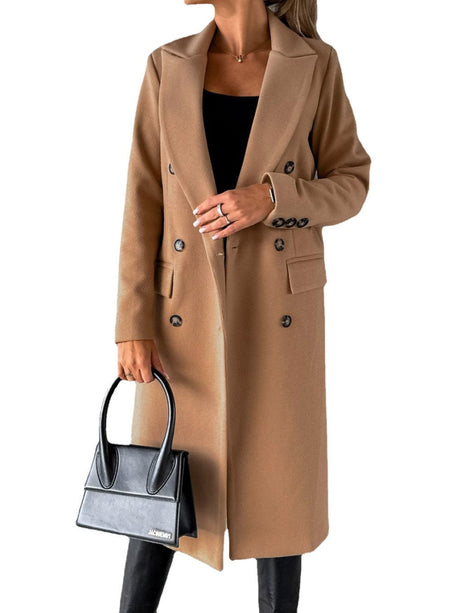Long Sleeves, Lapel, Solid Color, Double-breasted, Slim Fit Coats