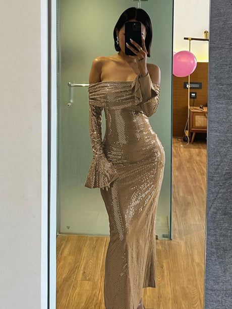 One-shoulder Glitter Long Sleeve Hip-length Dress