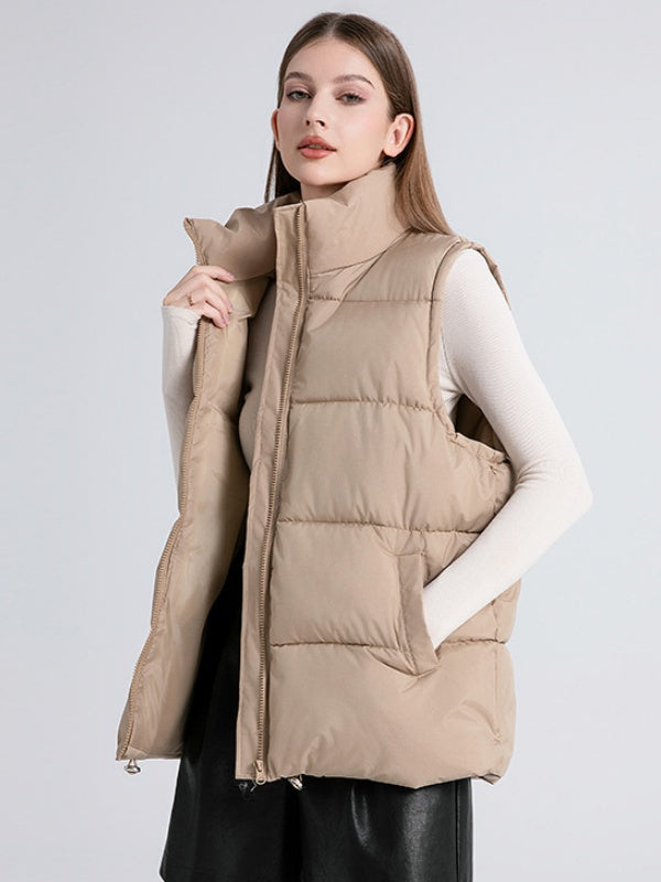 Stand Collar Sleeveless Zipper Pocket Warm Loose Mid-length Down Cotton Vest Jacket
