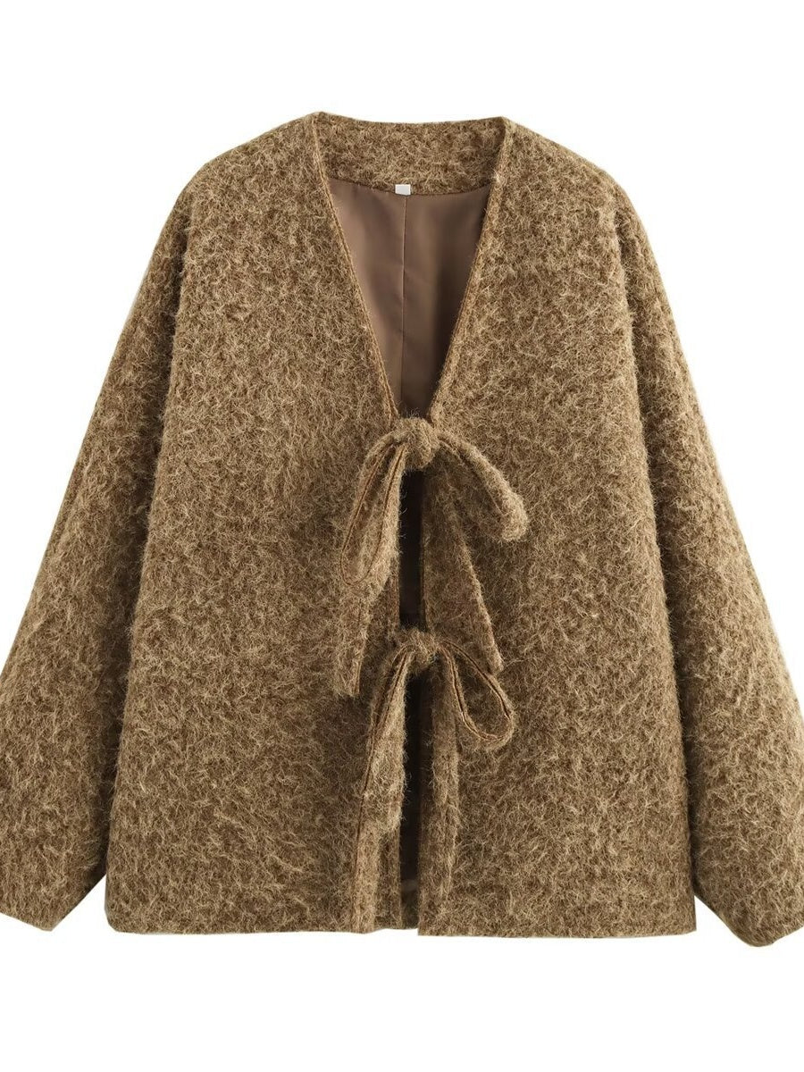 Loose V-neck tie knit cardigan