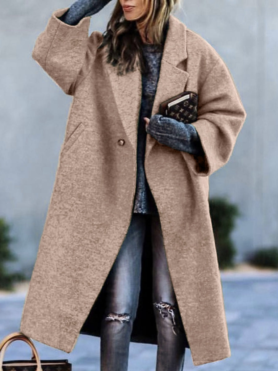 Temperament Commuting Beltless Lapel Loose Style Buttons Mid-length Coats