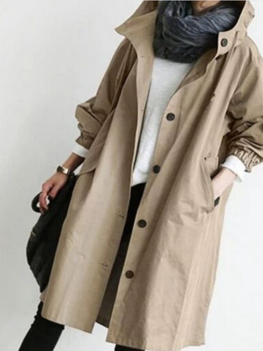 Oversized Hooded Single-Breasted Mid-Length Trench Coat