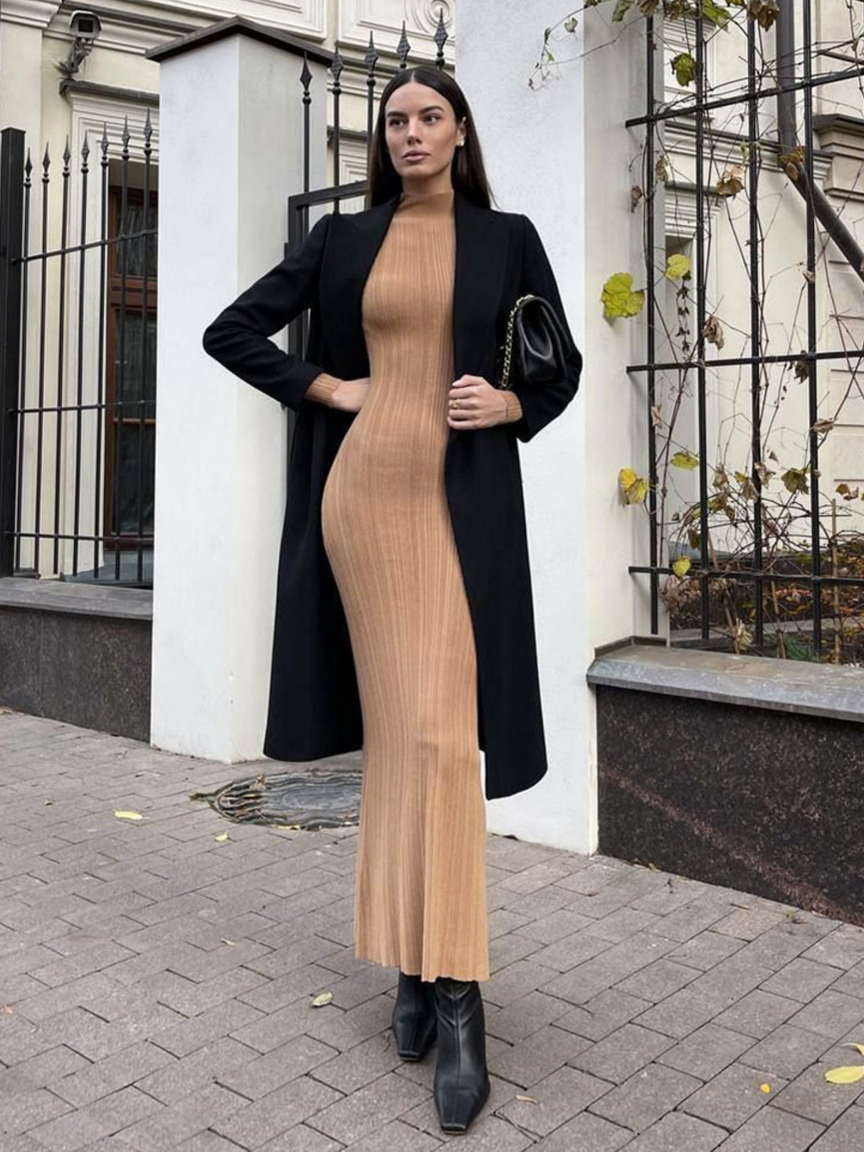 High Neck Long Sleeve Bodycon Dress Autumn Winter Maxi Dress Elegant French Knitted Dress