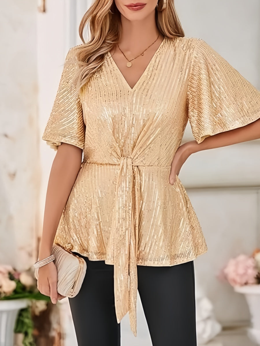 V-neck Pullover Sequins Tie-strap Mesh/see-through Top