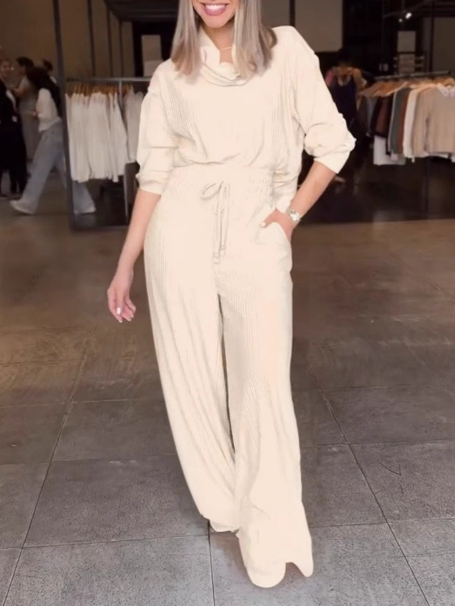 Blended Loose Jacquard Stand Collar Long Sleeves Two-piece Straight-leg Trousers