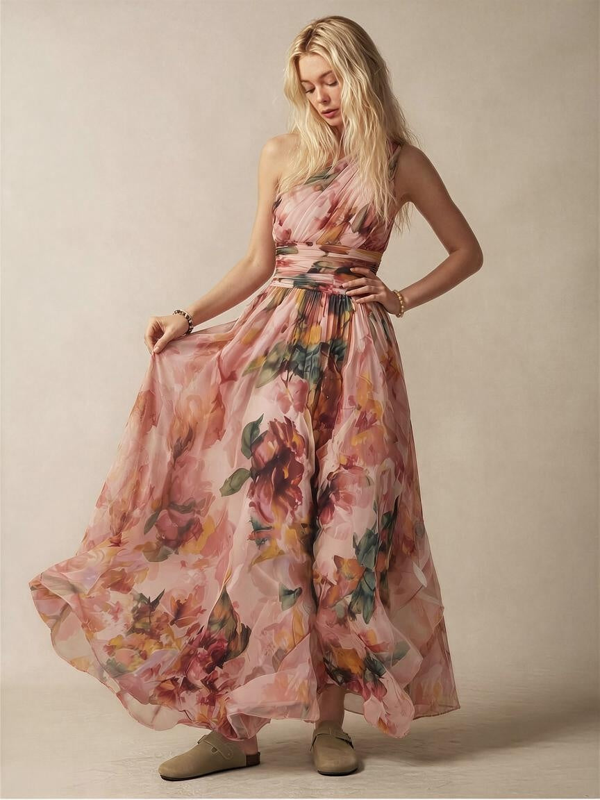 Off-shoulder Sleeveless Floral Print Maxi Dresses