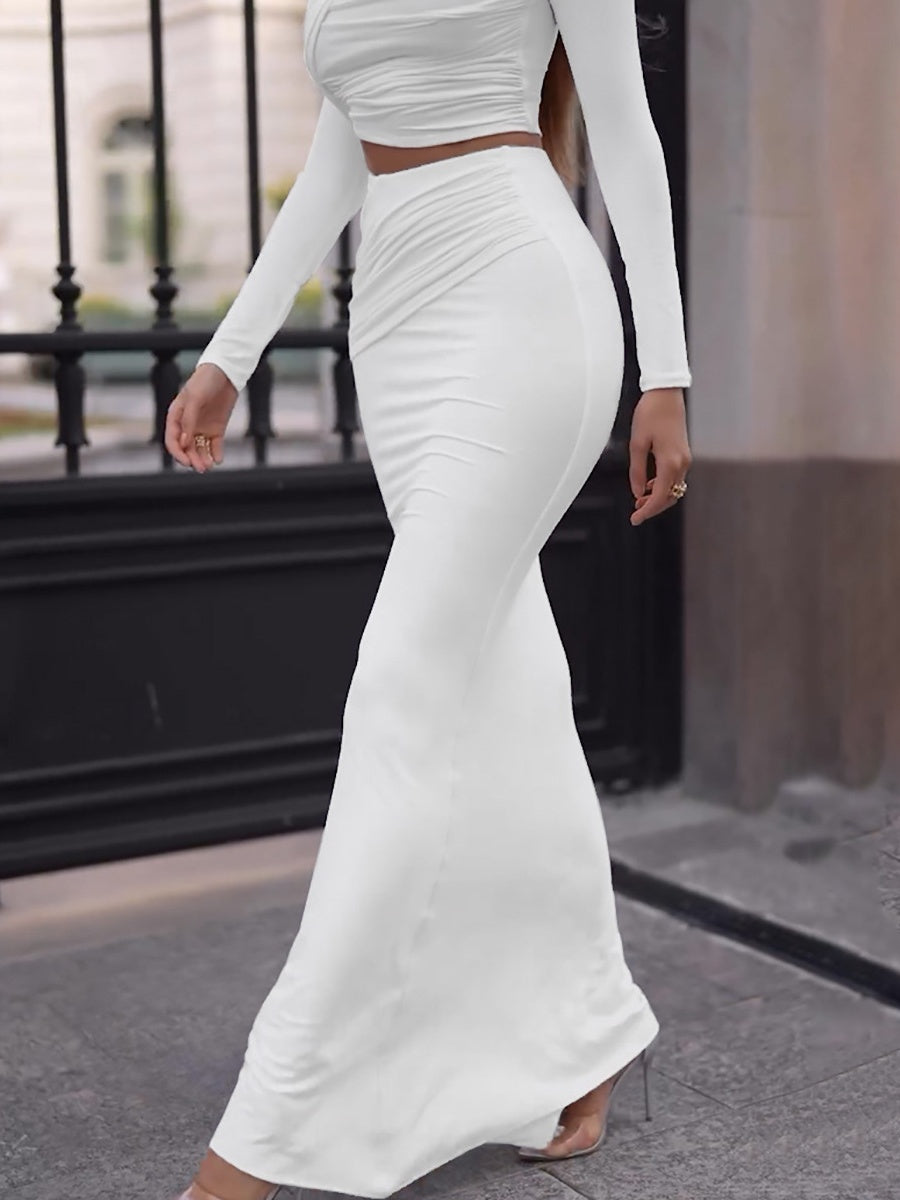 Liber Autumn Women's Navel Solid Color 2-piece Sets