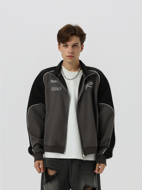 Embroidery Contrasting Colors Splicing Zipper Suede Jacket