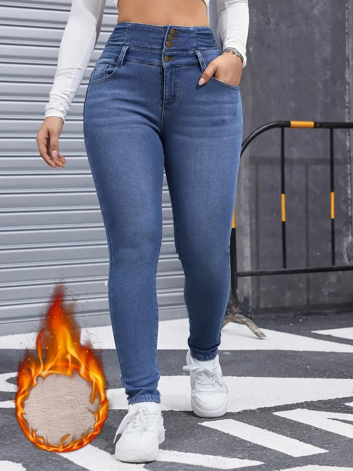 Fleece Lined High-waisted Pencil Pants Jeans