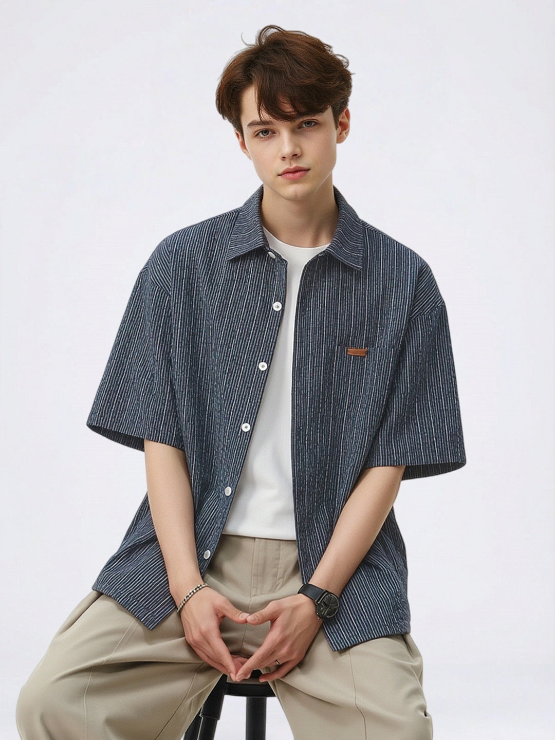 Texture Slight Wrinkles Color-blocked Stripes Loose-fit Shirts