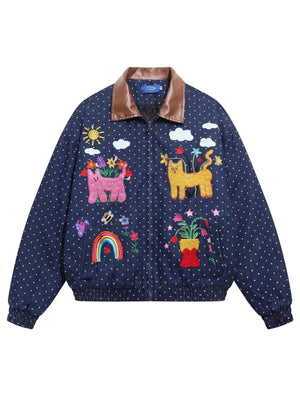 Retro Colorful Cat Polka Dots Splicing Lapel Thickening Jackets