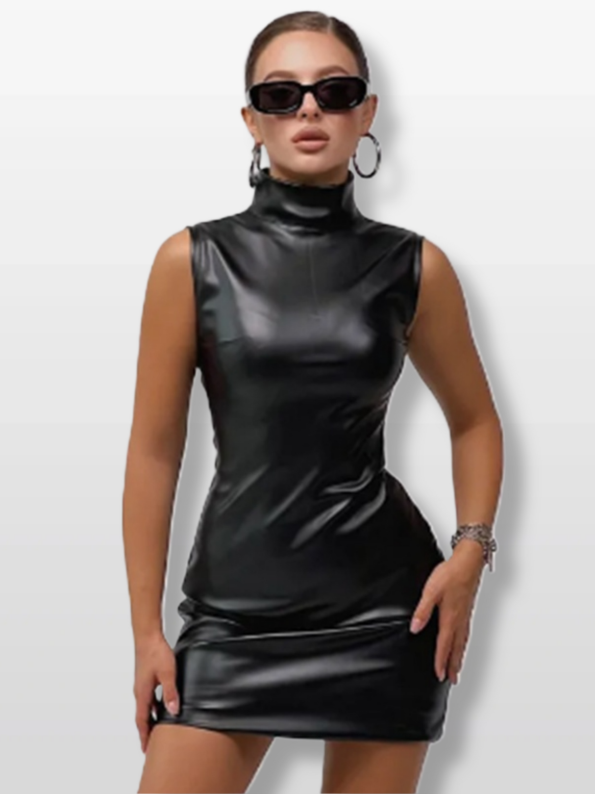 PU Leather Mock Neck Pleated Mini&Short Dresses