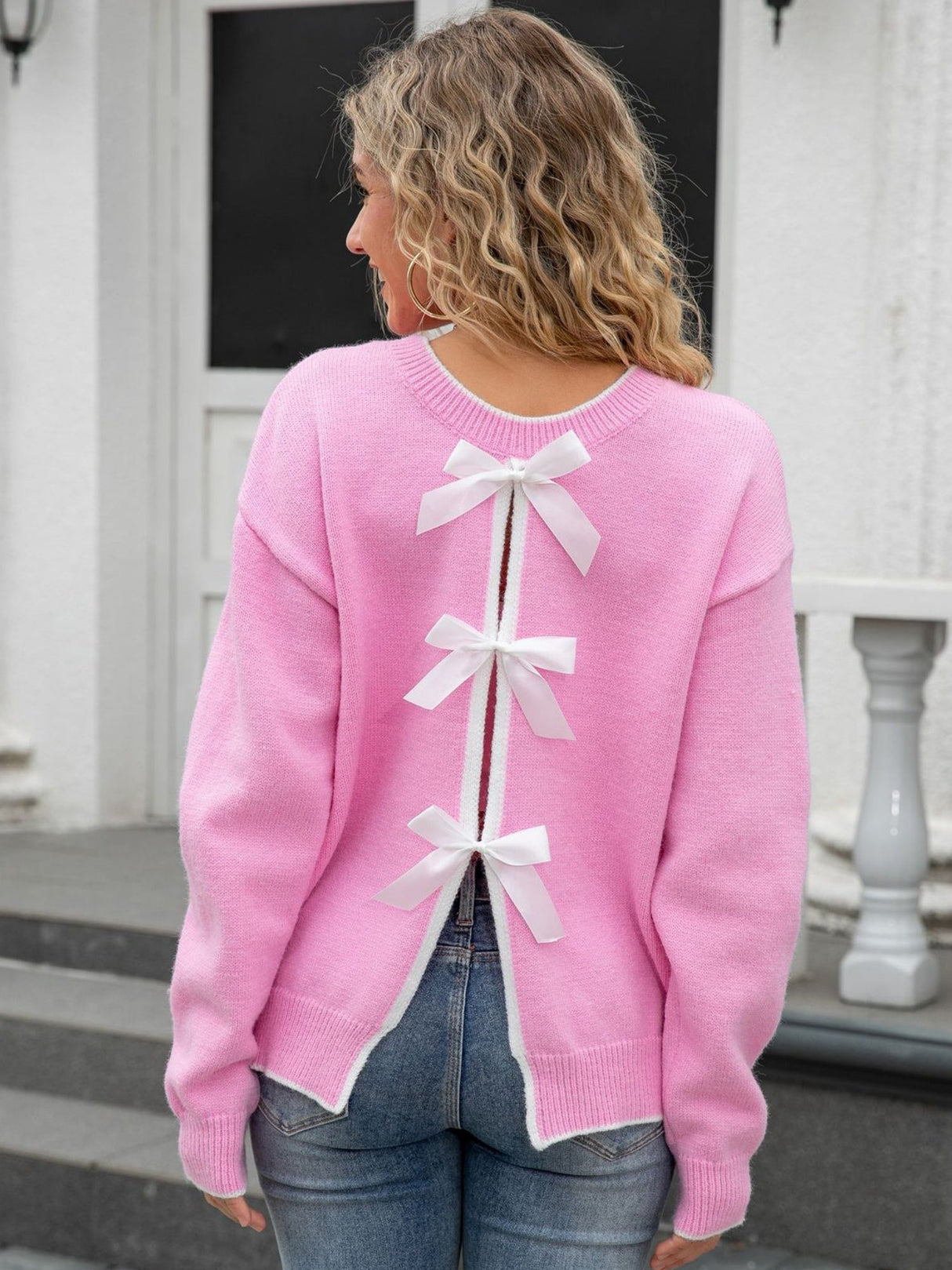 Strickpullover mit Schleife, rückenfrei, farblich abgesetzt, Valentinstag