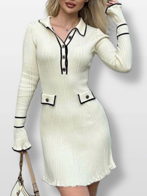 Color-blocked Pitted Wood Ear Edge Lapel Buttons Midi Dresses