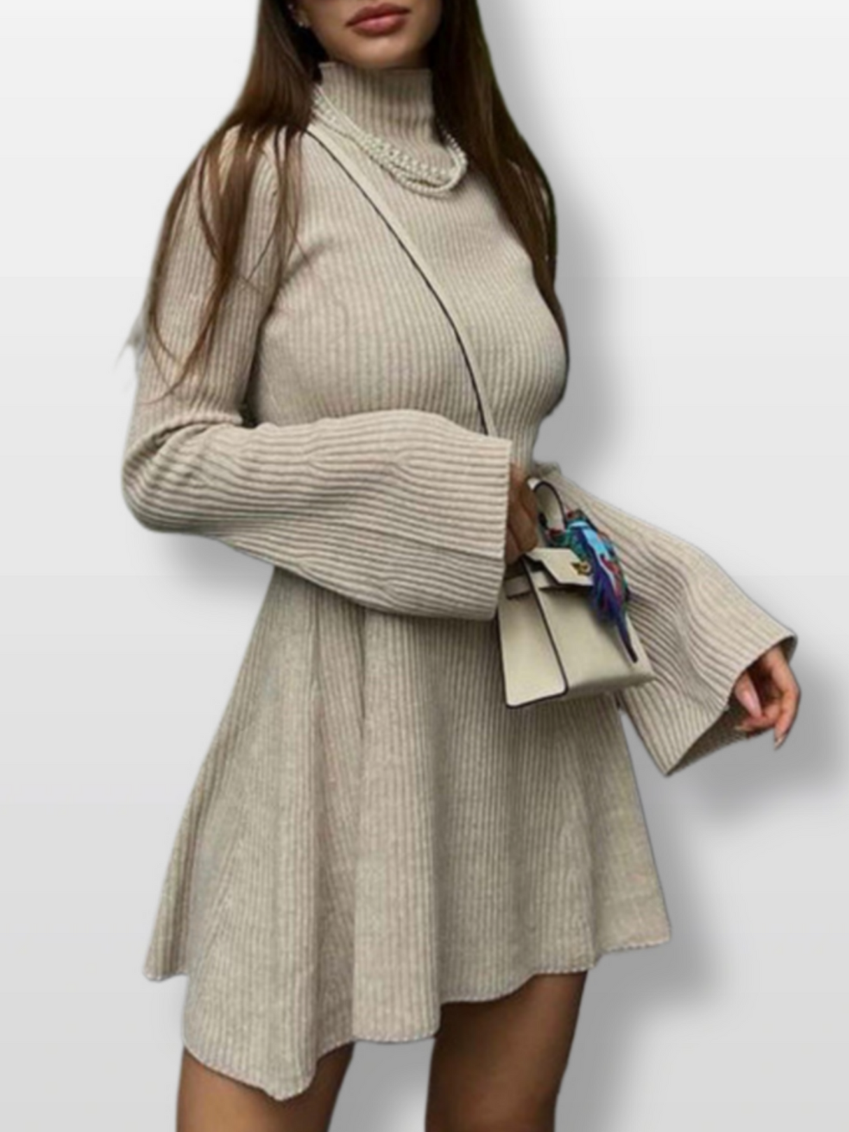 Turtleneck  Flare Sleeve A-line Skirt Knitted Sweaters Midi Dresses