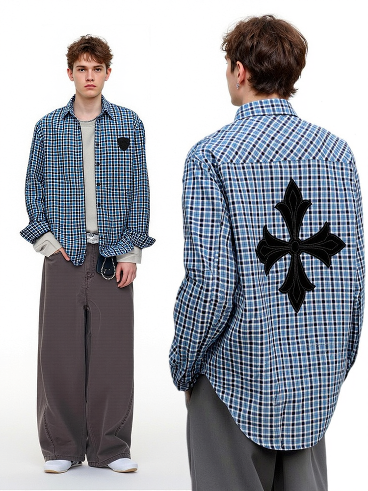 Liber Autumn Neutral wear Appliqué embroidery Plaid Shirts