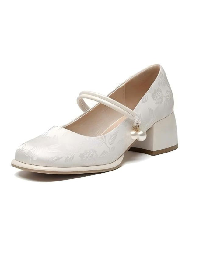 Liber Spring and Autumn Embroidery Print Pearl Women's High Heel Mary Jane Shoes