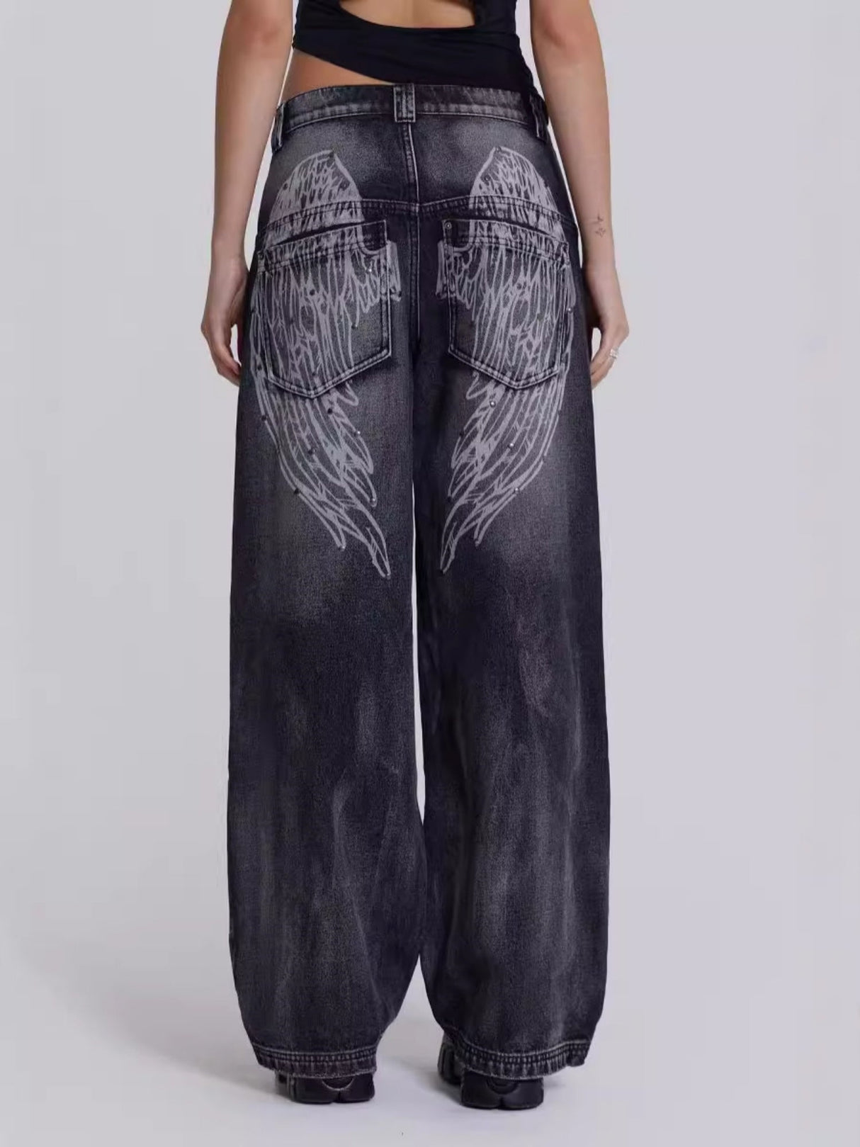 Y2k Angel Wings Print Washed Jeans