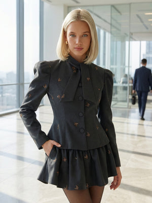 Butterfly Embroidery Color-blocked Waist Shaping Suit Jacket And Skirt 2-piece Sets