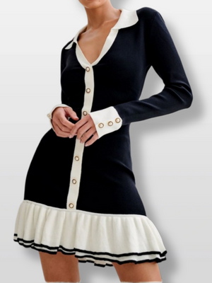 Color-blocked Ruffle Lapel Buttons Maxi Dresses