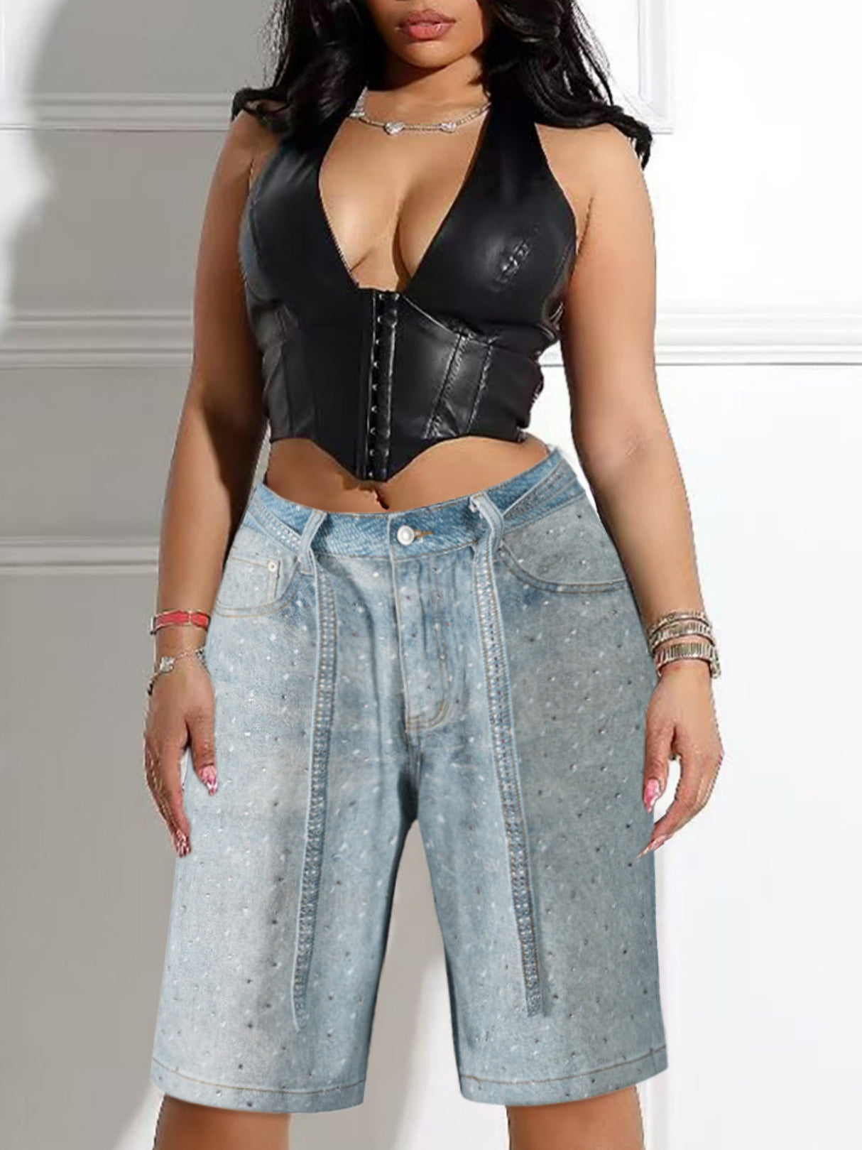 Y2K Diamond Includes Belt Loose-fitting Five-quarter Pants Jeans