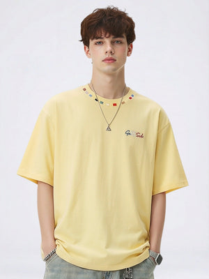Color-blocked Colorful Embroidery Loose-fit T-shirts