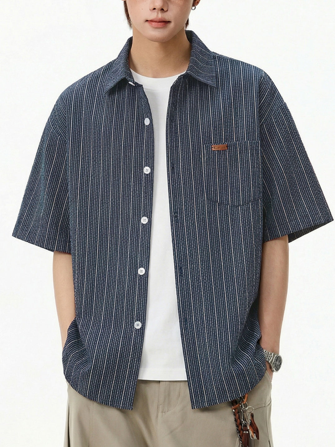 Texture Slight Wrinkles Color-blocked Stripes Loose-fit Shirts