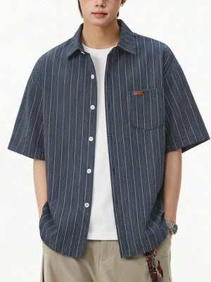 Texture Slight Wrinkles Color-blocked Stripes Loose-fit Shirts