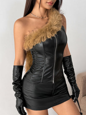 Débardeurs et camisoles en cuir PU avec plastron à chevrons et col en fourrure patchwork