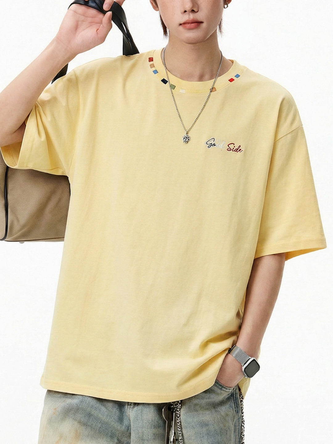 Color-blocked Colorful Embroidery Loose-fit T-shirts