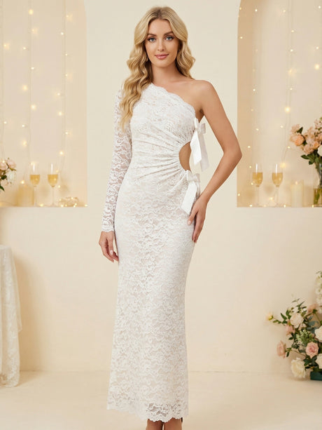 Lace Cutout Bow Long Sleeves One-shoulder Asymmetrical Neckline Maxi Dresses