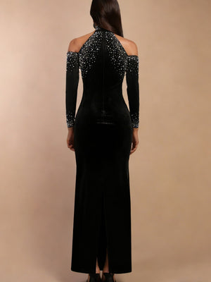 Robe de soirée maxi sans manches, ornée de strass thermocollants et de bulles, épaules dénudées