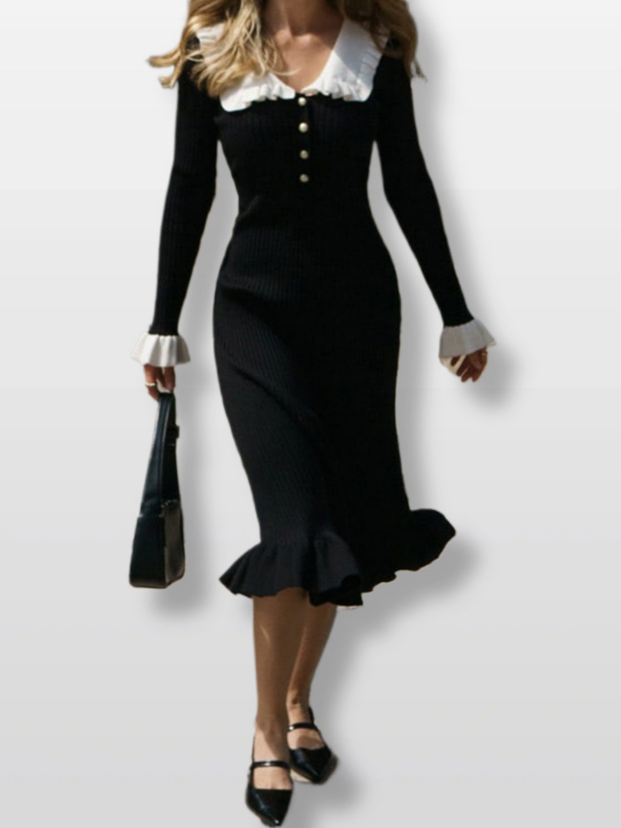 Color-blocked Ribbed Edge Lapel Buttons Maxi Dresses