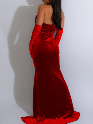 Abendkleid mit Strassbesatz, Patchwork aus Spitze und Samt, durchsichtigem Mesh, Neckholder und Schlitz