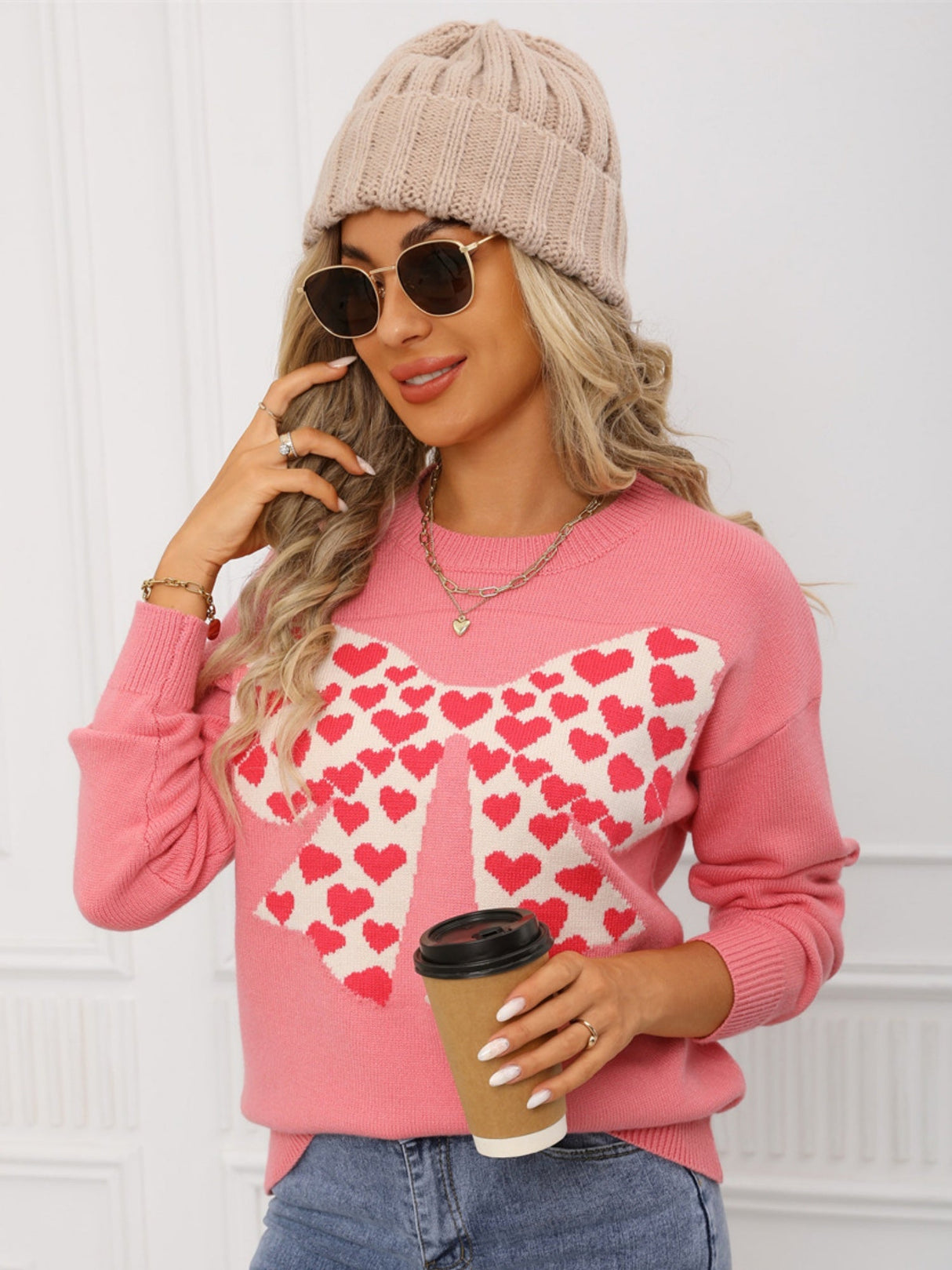 Bow Love Valentinstag Farbblock-Strickpullover