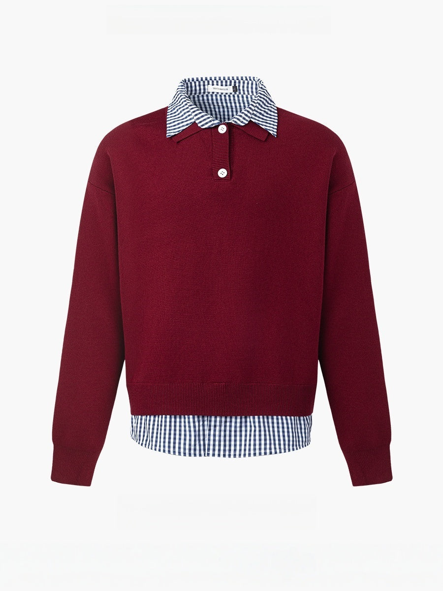 Plaid Shirt Collar Splicing Fake Two Pieces Sweaters