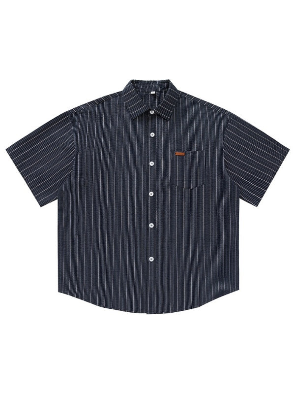 Texture Slight Wrinkles Color-blocked Stripes Loose-fit Shirts