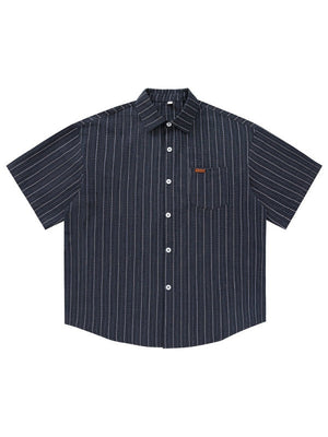 Texture Slight Wrinkles Color-blocked Stripes Loose-fit Shirts