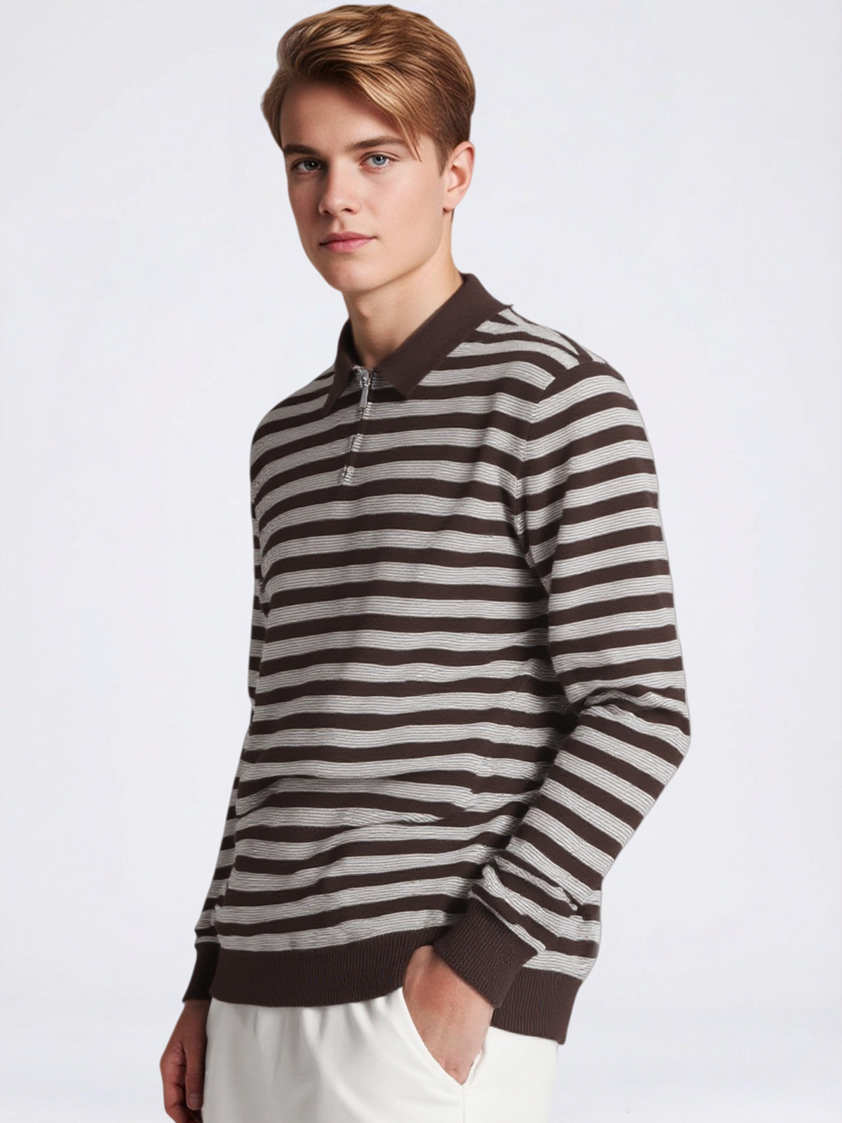 Old-Money Polo-Collar Striped Notch-Collar Knit Top,Gifts for Men