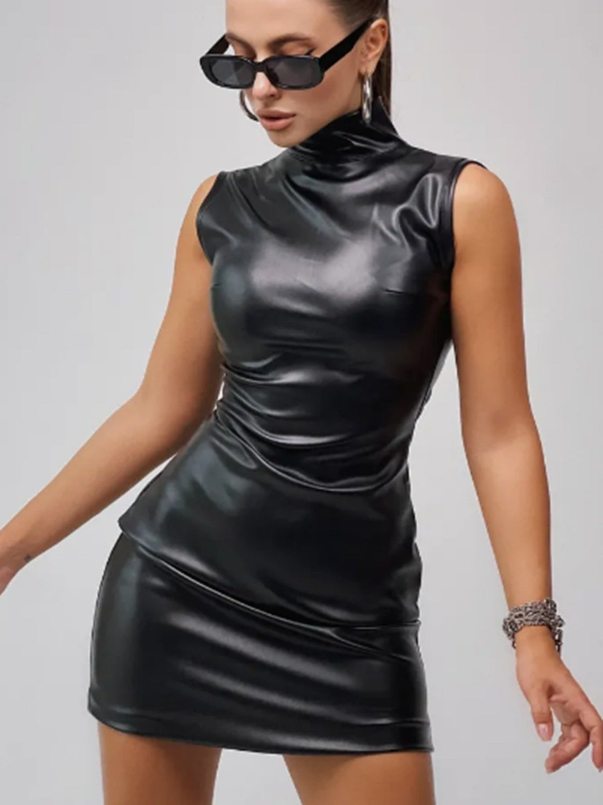 PU Leather Mock Neck Pleated Mini&Short Dresses