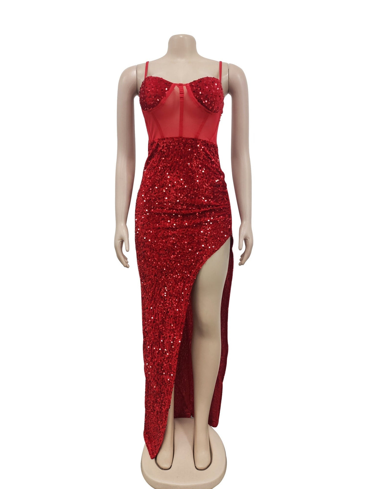Sequins Mesh Patchwork See-through Evening Gown Suspenders Maxi Dresses