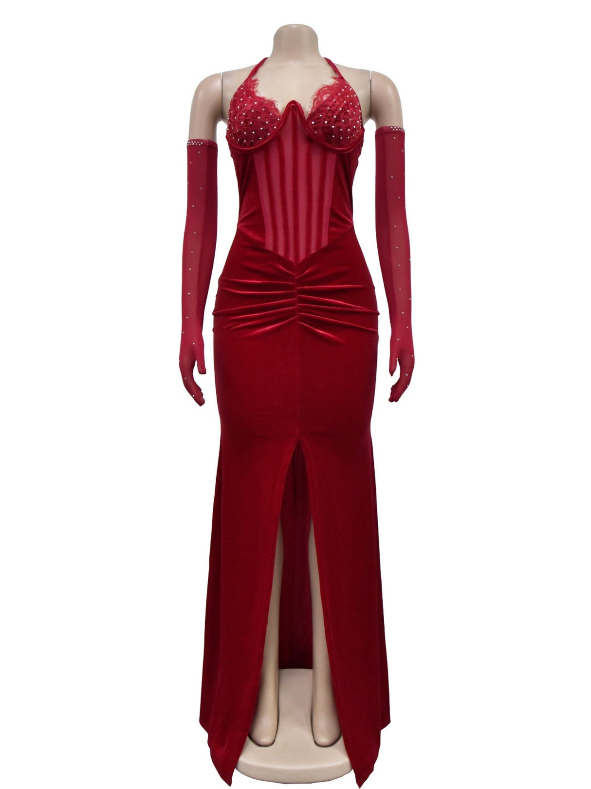 Abendkleid mit Strassbesatz, Patchwork aus Spitze und Samt, durchsichtigem Mesh, Neckholder und Schlitz