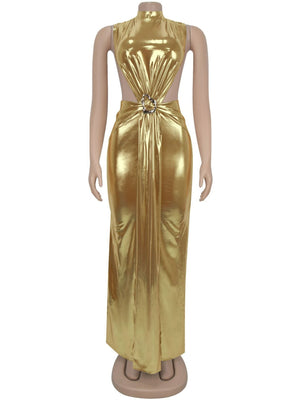 Abendkleid mit metallischem Glanz, hohem Kragen, Armband, ärmellos, mit Schlitz, Maxikleid