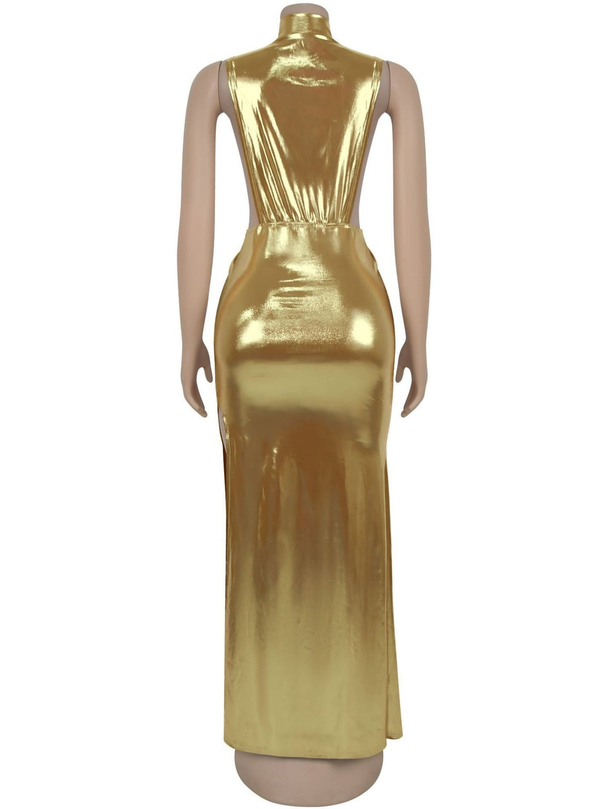 Abendkleid mit metallischem Glanz, hohem Kragen, Armband, ärmellos, mit Schlitz, Maxikleid