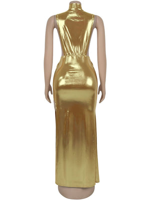 Abendkleid mit metallischem Glanz, hohem Kragen, Armband, ärmellos, mit Schlitz, Maxikleid