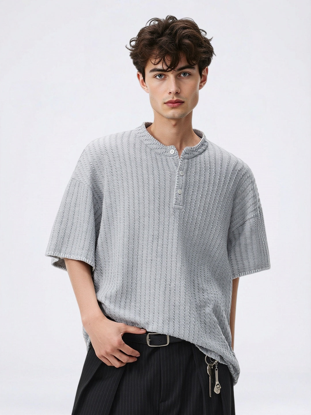 Color-blocked Henry's Collar Knitting T-shirts