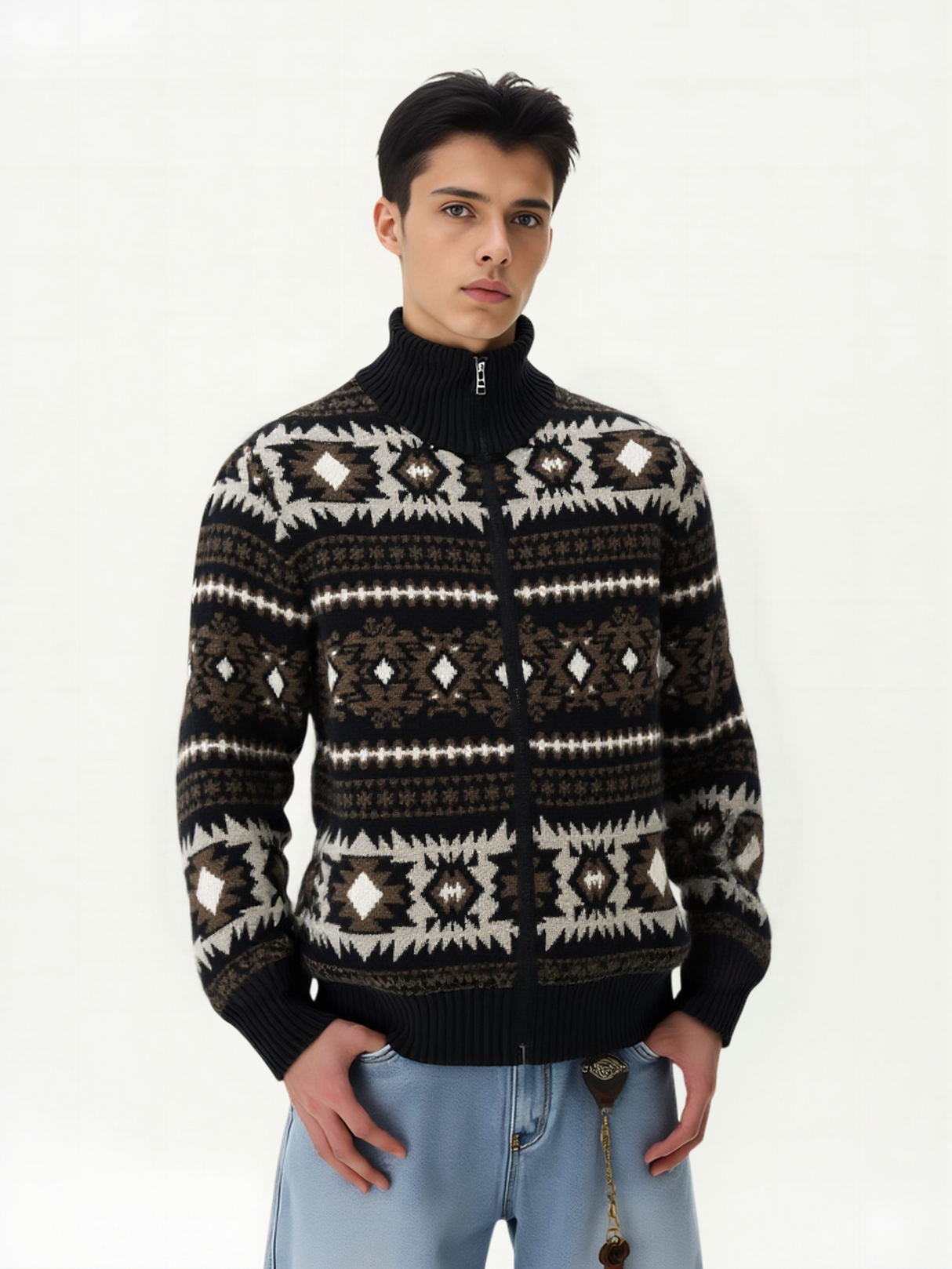 Fair Isle Contrasting Colors Jacquard Preppy Style Knitted Cardigan