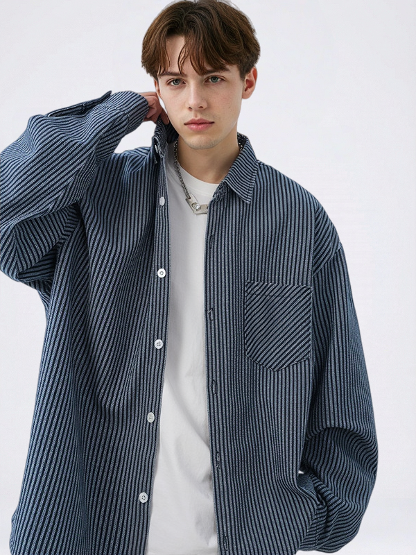 Vintage Wash Denim Striped Long-Sleeve Shirt